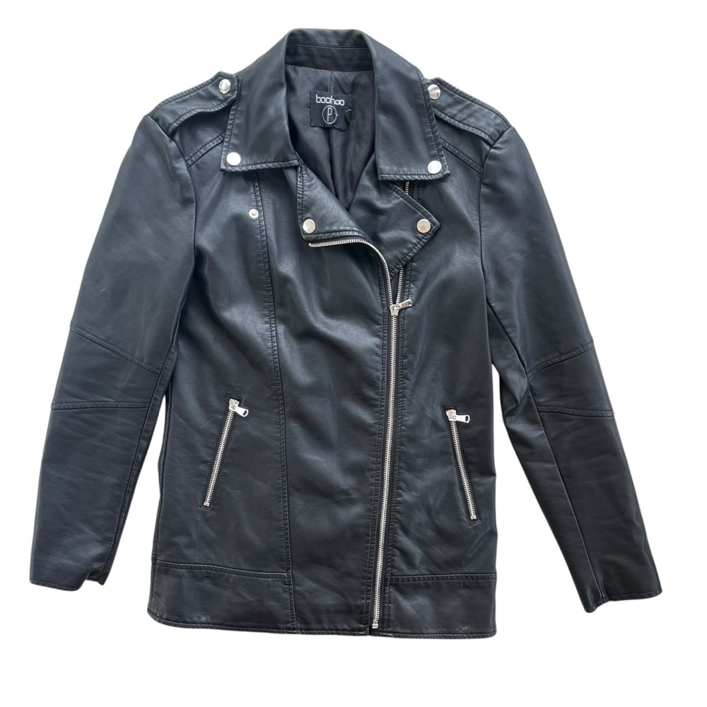 Boohoo Womens 4 Pet Black Faux Leather Silver Zip Asymmetrical Biker Moto Jacket